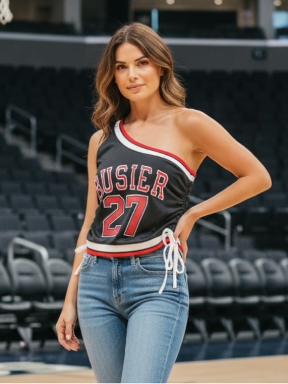 One-Shoulder Black and Red Sports Crop Top with 27 Graphic L